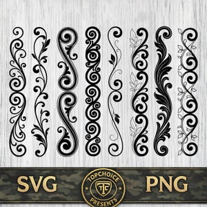 Peut inclure: Une collection de huit bordures décoratives verticales noires présentant des motifs complexes de volutes, des éléments floraux et des dessins de feuilles. La bannière inférieure affiche le texte SVG et PNG avec un logo central TOPCHOICE PRESENTS.