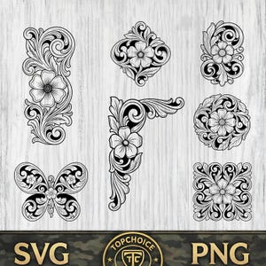 Könnte beinhalten: Eine Sammlung von schwarz-weißen floralen Schnörkeldesigns in verschiedenen Formen, darunter ein Schmetterling, ein Eckstück, eine Raute, ein Kreis, ein Quadrat und ein rechteckiger Rahmen auf hellem Holzmaserungshintergrund mit SVG und PNG Text.