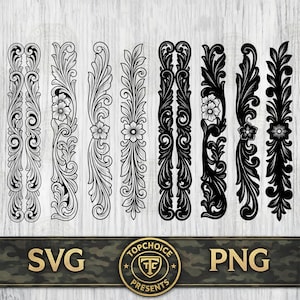 Peut inclure: Une collection de huit éléments de bordure décoratifs verticaux présentant des motifs floraux et des volutes complexes en noir. Quatre motifs sont soulignés en noir, tandis que les quatre autres sont des silhouettes noires pleines. Le texte SVG et PNG apparaît ci-dessous.