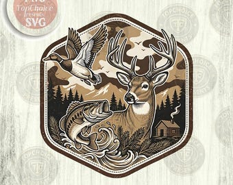 Deer Duck Fishing SVG PNG | Retro Camo Hunting Sublimation | Outdoorsman Boy Shirt Cut File | Old School Leather Patch Laser Download