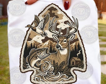Deer Duck Fishing SVG PNG | Vintage Arrowhead Hunting Design | Retro Camo Outdoorsman Shirt Cut File | Old School Leather Patch Art