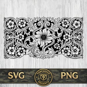 Puede incluir: Un diseño gráfico rectangular en blanco y negro que presenta una flor grande central rodeada de intrincadas hojas de acanto y flores más pequeñas. Debajo del diseño, una barra horizontal muestra el texto SVG y PNG.
