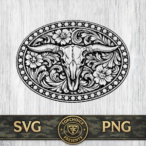 Peut inclure: Graphique noir et blanc ovale d'un crâne de taureau avec des cornes, entouré de motifs floraux et de volutes. La bordure est ornée de petits cercles. Les inscriptions "SVG" et "PNG" sont affichées en bas.