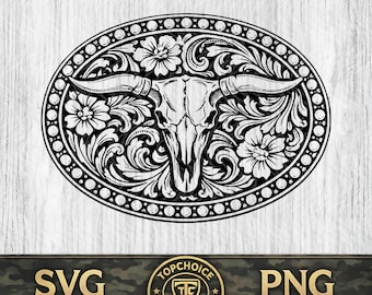 Longhorn Skull Tooled Leather Pattern SVG PNG DXF Western Floral Belt Buckle Cowboy Cowgirl Design Cut File for Cricut Silhouette