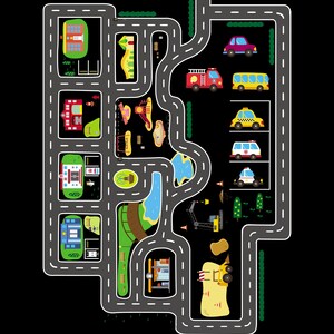 Può includere: Un colorato tappeto gioco con un design a mappa stradale che include edifici, un parco giochi, un lago e veicoli giocattolo. Il tappeto include un'autopompa, un'ambulanza, un taxi e altri veicoli, su sfondo nero.