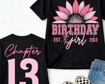 PNG de aniversário de 13 anos | Design de laço rosa girassol | Camiseta frente e verso do Capítulo 13 | Estampa oficial para adolescentes desde 2013