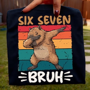 May include: A navy blue t-shirt featuring a cartoon capybara dabbing with the text "SIX SEVEN BRUH". The design includes a retro color block of red, orange, yellow, and teal. The capybara is brown with tan accents.