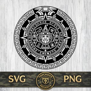 Könnte beinhalten: Ein kreisförmiges schwarz-weißes Grafikdesign, das den aztekischen Sonnenstein-Kalender darstellt. Das zentrale Gesicht ist von konzentrischen Ringen aus komplexen geometrischen Mustern, Glyphen und Symbolen umgeben. Ein Banner zeigt SVG und PNG.