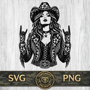 May include: Black and white graphic of a woman in a cowboy hat, jacket, and gloves, making a rock and roll hand gesture. The jacket and hat are decorated with floral designs. The image includes the text "SVG" and "PNG".