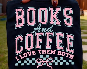 Books And Coffee SVG PNG Checkerboard Coquette Bow Trendy Book Lover Design Digital Download