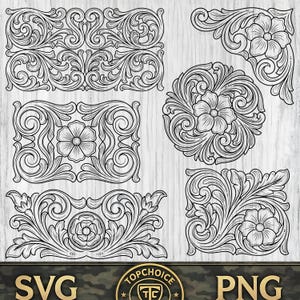May include: A collection of six black and white digital graphic designs featuring intricate floral scrollwork and filigree patterns. The set includes rectangular, circular, and corner-shaped motifs with detailed petals and swirling leaf elements.