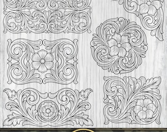 Pacote de arquivos SVG para couro trabalhado | Envelopamento floral ocidental para copo em PNG | Padrão de trabalho em couro em DXF | Arquivo de corte para entalhe floral | Cricut Silhouette