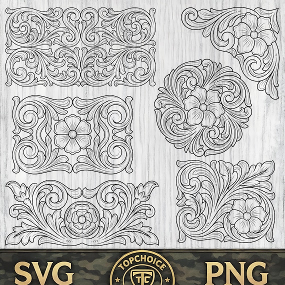 Tooled Leather SVG Bundle | Western Floral Tumbler Wrap PNG | Leather Tooling Pattern DXF | Floral Carving Cut File | Cricut Silhouette