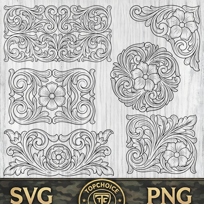 May include: A collection of six black and white digital graphic designs featuring intricate floral scrollwork and filigree patterns. The set includes rectangular, circular, and corner-shaped motifs with detailed petals and swirling leaf elements.
