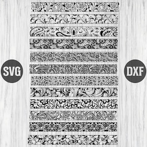 May include: A digital collection of twelve horizontal border designs featuring black and white patterns including floral motifs, intricate lace, paisley swirls, and geometric shapes. The image includes the text SVG on the left and DXF on the right.
