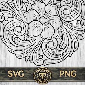 Tooled Leather SVG Bundle | Western Floral Tumbler Wrap PNG | Leather Tooling Pattern DXF | Floral Carving Cut File | Cricut Silhouette image 4
