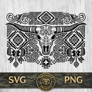 May include: Black and white graphic of a bull skull with long horns, surrounded by geometric patterns and decorative elements. The design includes diamond shapes, arrows, and a bow. The text "SVG" and "PNG" are visible.
