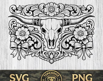 Tooled Leather Longhorn Skull Coquette SVG PNG Dxf, Sheridan Style Carving Tooling Pattern, Western Leathercraft Cut File