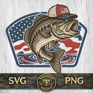 May include: A detailed illustration of a largemouth bass wearing a patriotic baseball cap with the American flag and the year "1776". The fish is set against a backdrop of the American flag and water ripples, with the words "SVG" and "PNG" at the bottom.