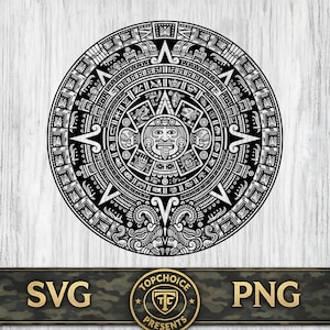 May include: A circular black and white graphic design featuring the Aztec Sun Stone calendar. The central face is surrounded by intricate concentric rings of glyphs and symbols. Below the main design, a circular logo reads TOPCHOICE PRESENTS.