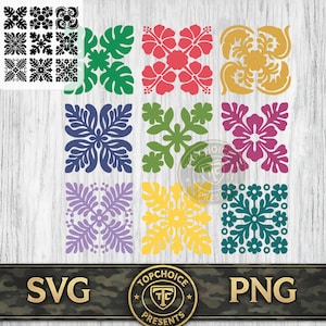 May include: A digital collection of nine square floral and botanical patterns in various colors including green, red, gold, blue, purple, and teal. A small black and white preview grid is in the top left corner. The text SVG and PNG appear at the bottom.