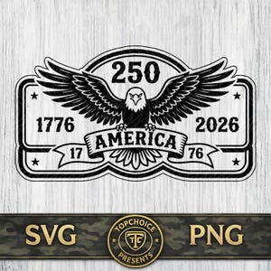 Op de afbeelding: Een zwart-wit grafisch ontwerp met een Amerikaanse zeearend met wijd gespreide vleugels. Het getal 250 staat bovenaan, 1776 en 2026 aan de zijkanten en AMERICA op een centrale banner. De getallen 17 en 76 staan ook op de banner afgebeeld.