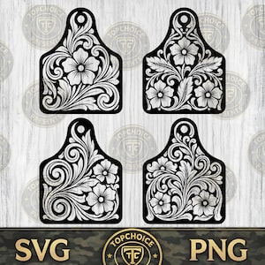 May include: Four black and white tag-shaped ornaments featuring intricate floral and scrollwork patterns. Each piece has a circular hole at the top for hanging. The designs consist of detailed white line art flowers and swirling leaves set against a solid black background, creating a high-contrast graphic appearance.