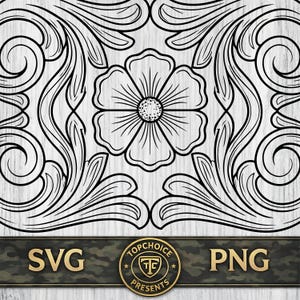 May include: A black and white digital graphic featuring a central six-petaled flower surrounded by symmetrical swirling scrollwork patterns. At the bottom, a dark horizontal bar displays the text SVG, a circular logo, and the text PNG.