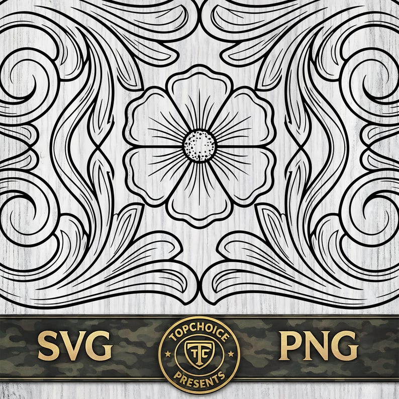 May include: A black and white digital graphic featuring a central six-petaled flower surrounded by symmetrical swirling scrollwork patterns. At the bottom, a dark horizontal bar displays the text SVG, a circular logo, and the text PNG.