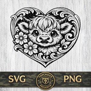 May include: A black and white illustration of a Highland cow's face inside a heart-shaped frame. The design includes floral accents and decorative scrollwork. The bottom of the image features the text "SVG" and "PNG".
