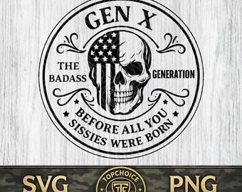 Gen X Badass SVG PNG Retro Generation X Skull Design Laser Engraving File Leather Hat Patch Designs Vector Logo Cut Files Digital Download
