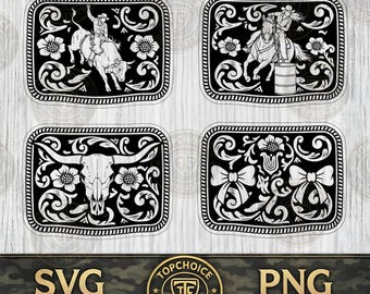 Rodeo Belt Buckle SVG Bundle PNG DXF | Bull Rider Barrel Racer Longhorn | Tooled Leather Coquette Bow Patch Cut File | Laser Engrave Vector