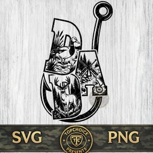 May include: A black graphic design in the shape of a fishing hook featuring the word DAD. The letter D contains a duck in a marsh, the letter A features crossed rifles and a compass, and the second D depicts a deer standing in a forest.