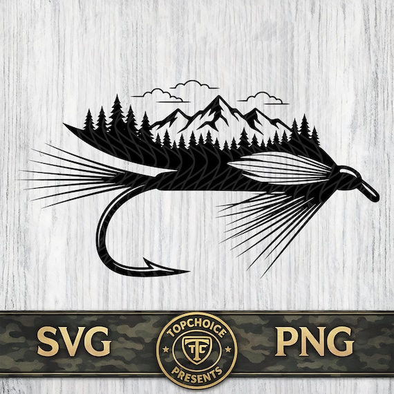 Mountain Fly Fishing Hook SVG | Nature Scene PNG | Outdoorsman Hat Patch Design | Laser Cut Fishing Hook File | Wilderness T-Shirt Graphic