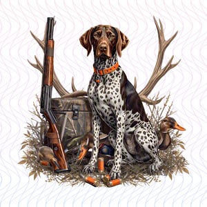 May include: A hunting-themed illustration featuring a German Shorthaired Pointer with brown and white spotted fur, wearing an orange collar. A shotgun, antlers, ducks, and ammunition are also depicted, set against a white background.