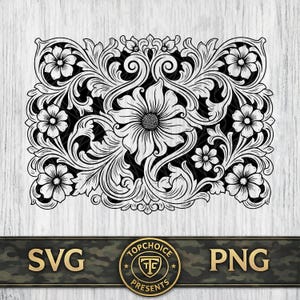 Può includere: Design floreale in bianco e nero con dettagli intricati. Il design presenta fiori grandi e piccoli, foglie e motivi a spirale. La parte inferiore dell'immagine presenta il testo "SVG" e "PNG" con un logo circolare che dice "TOPCHOICE PRESENTS".