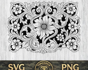 May include: Black and white floral design with intricate details. The design features large and small flowers, leaves, and swirling patterns. The bottom of the image has the text "SVG" and "PNG" with a circular logo that says "TOPCHOICE PRESENTS".