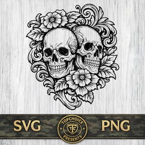 Könnte beinhalten: Schwarz-weiße Illustration mit zwei Totenköpfen, umgeben von floralen und ornamentalen Elementen. Das Design enthält die Texte "SVG" und "PNG" am unteren Rand, mit einem kreisförmigen Logo "TOPCHOICE PRESENTS".