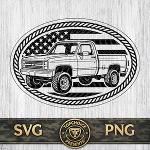 Könnte beinhalten: Schwarz-Weiß-Illustration eines Pick-up-Trucks in einem ovalen Rahmen mit einem Design der amerikanischen Flagge. Der Rahmen ist von einem seilartigen Design umrandet. Das Bild enthält den Text "SVG" und "PNG".