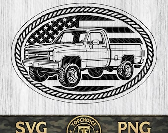 Square Body Truck SVG | American Flag Rope Patch PNG | 80s 4x4 Pickup Truck | Laser Engrave Hat Patch | Vintage Truck Vector Cut File