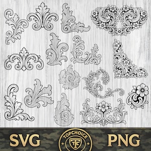 Paquete de archivos SVG con motivos florales, diseños de esquinas de cuero repujado, patrones ornamentales, archivos PNG y DXF para grabado láser.