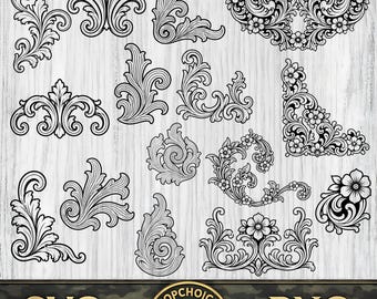 Floral Scrollwork SVG Bundle, Tooled Leather Corner Designs, Ornamental Flourish Patterns, PNG DXF, Laser Engraving Files