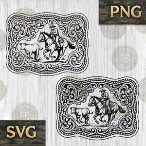 Cowboy Cutting Horse SVG | Rodeo Belt Buckle PNG | Hat Patch Design DXF | Western Equestrian Cut File | Silhouette Laser Engrave Vector