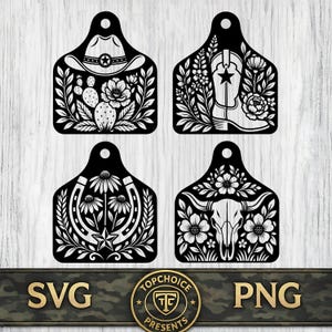 May include: Four black and white cattle ear tag designs featuring western motifs. The top left shows a cowboy hat and cactus, the top right a cowboy boot and flowers, the bottom left a horseshoe and star, and the bottom right a steer skull and flowers.
