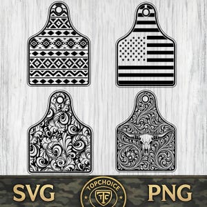 Öronmärke SVG-paket | Västerländskt bearbetat läderko-märke | Longhorn PNG | Amerikansk flagga & Boho Tribal Design | Lasergravering hattlappfil