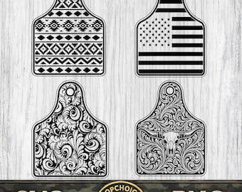 Ear Tag SVG Bundle | Western Tooled Leather Cow Tag | Longhorn PNG | American Flag & Boho Tribal Design | Laser Engraving Hat Patch File