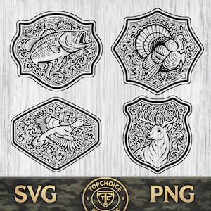Puede incluir: Cuatro emblemas decorativos en blanco y negro con fauna. Los emblemas incluyen un pez, un pavo, un pato en vuelo y un ciervo. Cada emblema tiene un borde ornamental con volutas. La parte inferior de la imagen tiene el texto "SVG" y "PNG".