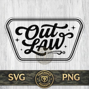 Könnte beinhalten: Ein schwarz-weißes Grafikdesign mit dem Wort Outlaw in einer stilisierten Schreibschrift. Das Design ist von einem trapezförmigen Rahmen mit abgerundeten Ecken umgeben und enthält kleine vierzackige Sterne sowie ein Sporen-Symbol am Ende.