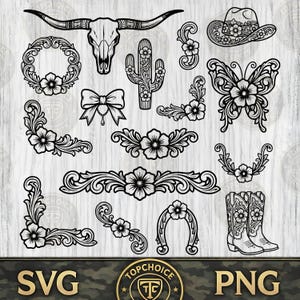 Peut inclure: Une collection d'illustrations numériques en noir et blanc comprenant un crâne de longhorn, un chapeau de cowboy, un cactus, un papillon, un nœud, un fer à cheval, des bottes de cowboy et divers éléments décoratifs floraux en volutes.