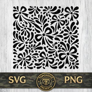 May include: Black and white floral pattern with bow accents. The design features a repeating motif of stylized flowers and bows, creating a symmetrical and decorative composition. The image includes the text "SVG" and "PNG".